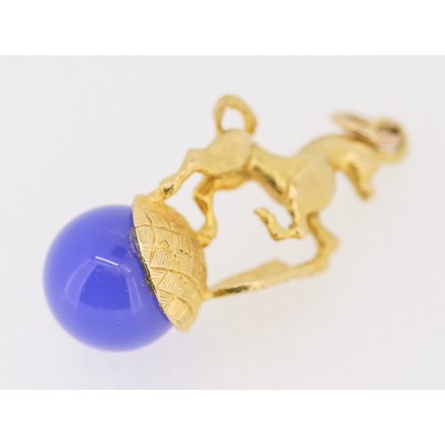 302 - Blue Agate Set on 9 Carat Yellow Gold Horse Motif Pendant 3cm High