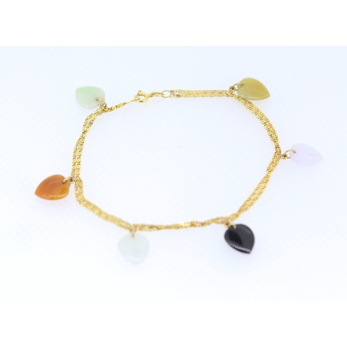 307 - Jade Onyx and Carnelian Heart Set Bracelet Mounted in 14 Carat Yellow Gold 18cm Long