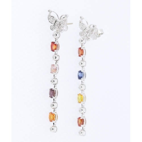 32 - Pair of Butterfly Motif Multi Colour Sapphire and Diamond Set Drop Earrings Mounted in 18 Carat Whit... 