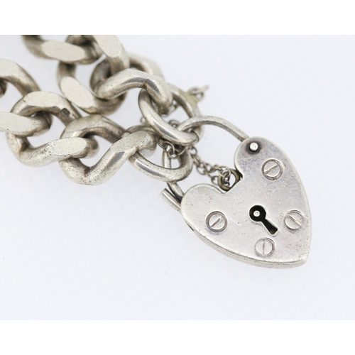 328 - Silver Curb Link Bracelet Heart Padlock Clasp with Safety Chain 16.5cm Long