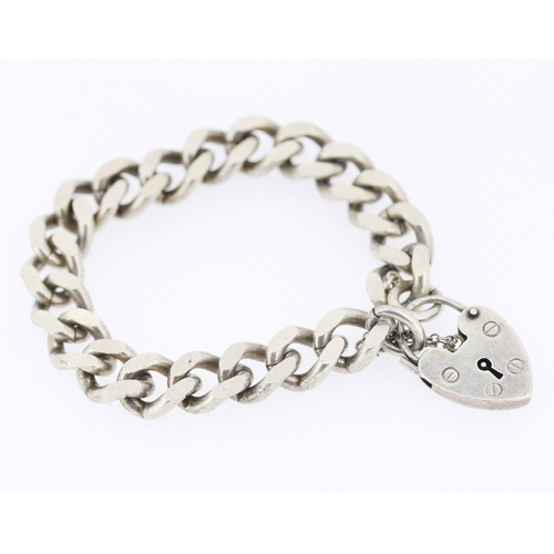 328 - Silver Curb Link Bracelet Heart Padlock Clasp with Safety Chain 16.5cm Long