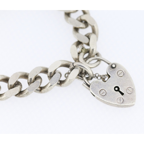 328 - Silver Curb Link Bracelet Heart Padlock Clasp with Safety Chain 16.5cm Long