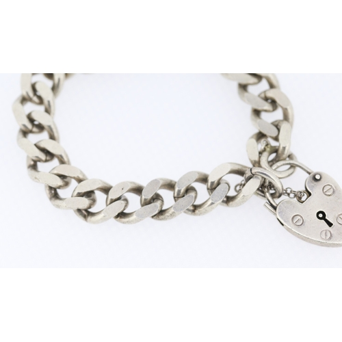 328 - Silver Curb Link Bracelet Heart Padlock Clasp with Safety Chain 16.5cm Long