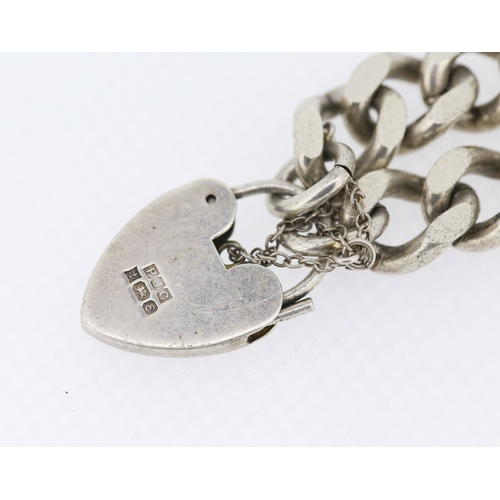 328 - Silver Curb Link Bracelet Heart Padlock Clasp with Safety Chain 16.5cm Long