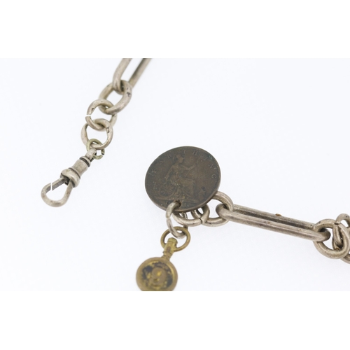 329 - Silver Interlinking Watch Chain Lozenge Form with Lobster Clasp Watch Key and Coin Chain 37cm Long