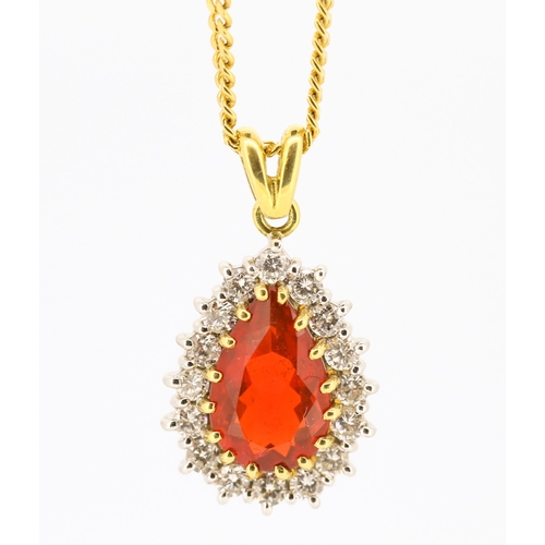 33 - Pear Cut Natural Fire Opal Set Pendant with Diamond Set Halo Surround Mounted in 18 Carat Yellow Gol... 