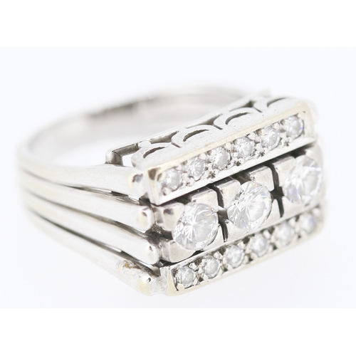 332 - Unusual Form Three Row Diamond Set Cluster Ring Finely Detailed Set in 18 Carat White Gold Ring Size... 