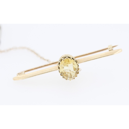 336 - Citrine Set 9 Carat Yellow Gold Ladies Bar Brooch with 9 Carat Yellow Gold Safety Chain and Pin 5cm ... 