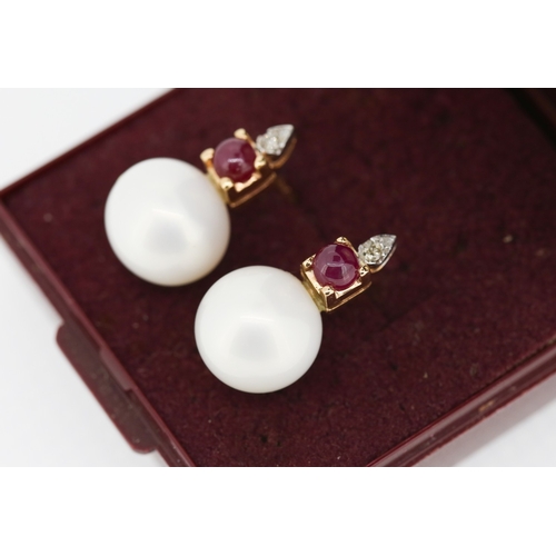 337 - Pair of Ruby and Diamond Set Pearl Earrings Mounted in 14 Carat Rose Gold Each 2cm High