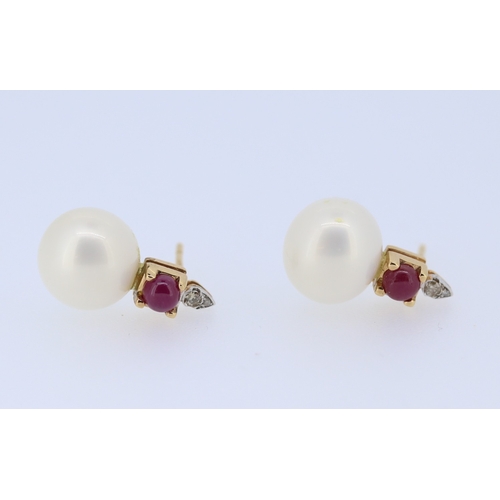 337 - Pair of Ruby and Diamond Set Pearl Earrings Mounted in 14 Carat Rose Gold Each 2cm High