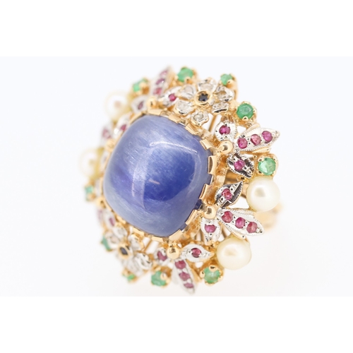 351 - Sapphire Set Ruby Diamond and Emerald Cluster Ring with Twin Seed Pearl Side Decoration Attractively... 