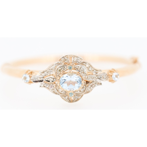 352 - 9 Carat Rose Gold Aquamarine Set Ladies Bangle Further Decorated with Diamonds Inner Width 6.5cm