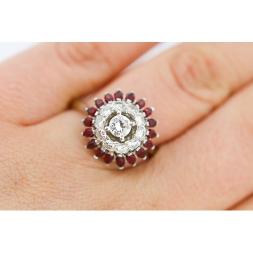 353 - Diamond Centre Stone Ring with Diamond and Marquise Cut Ruby Set Double Halo Surround Set in Platinu... 