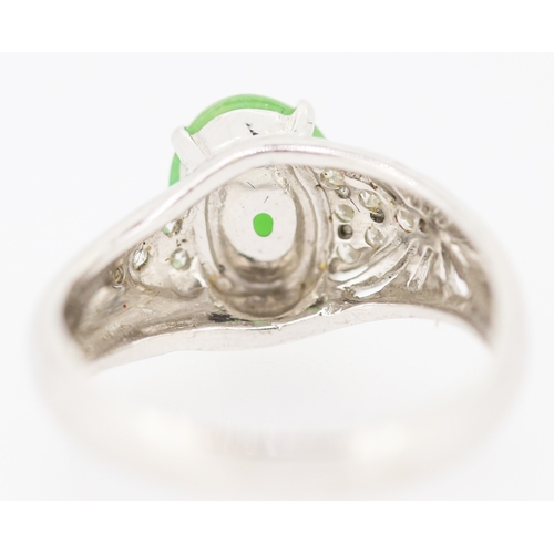 354 - Polished Jade and Diamond Cluster Ring Mounted on 18 Carat White Gold Ring Size M