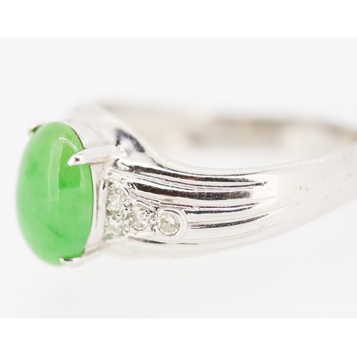 354 - Polished Jade and Diamond Cluster Ring Mounted on 18 Carat White Gold Ring Size M