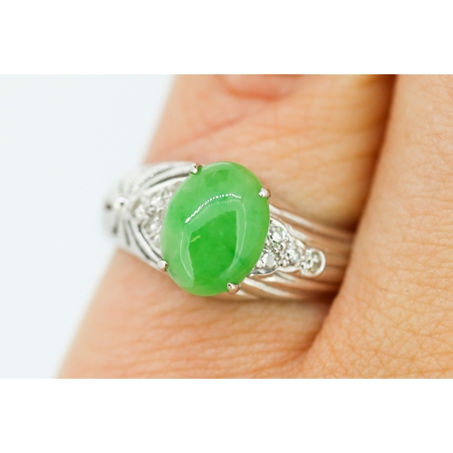 354 - Polished Jade and Diamond Cluster Ring Mounted on 18 Carat White Gold Ring Size M