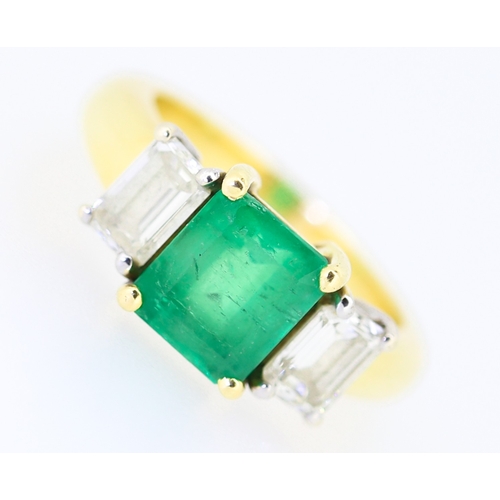 357 - Fine Emerald and Diamond Set Three Stone Ring Mounted on 18 Carat Yellow Gold Total Emerald Carat We... 