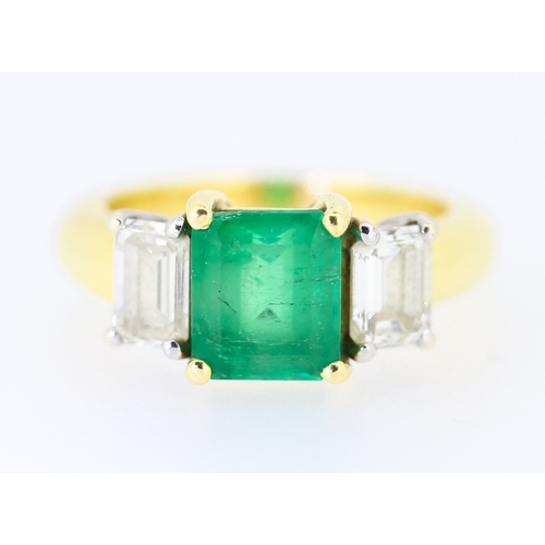 357 - Fine Emerald and Diamond Set Three Stone Ring Mounted on 18 Carat Yellow Gold Total Emerald Carat We... 