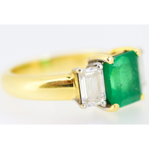 357 - Fine Emerald and Diamond Set Three Stone Ring Mounted on 18 Carat Yellow Gold Total Emerald Carat We... 