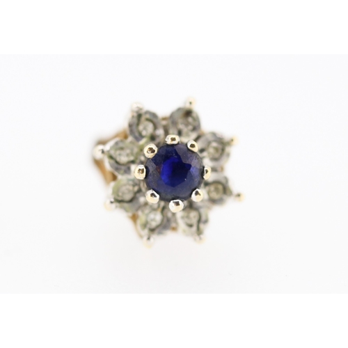 363 - Pair of Sapphire and Diamond Set Daisy Motif Earrings Mounted in 9 Carat Yellow Gold 1cm High