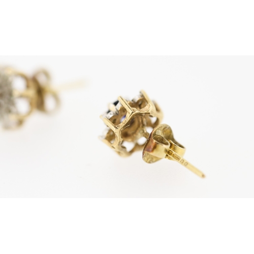 363 - Pair of Sapphire and Diamond Set Daisy Motif Earrings Mounted in 9 Carat Yellow Gold 1cm High