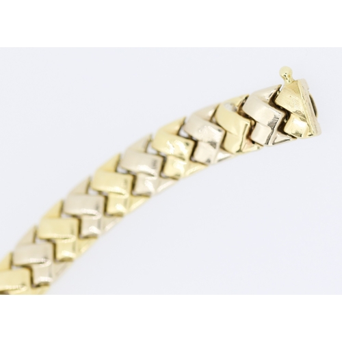 370 - 14 Carat Yellow and White Gold Fancy Flat Link Bracelet 19.5cm Long