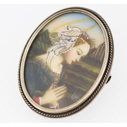 371 - Portrait Miniature Mounted in Oval Silver Frame Pendant or Brooch 3.5cm High