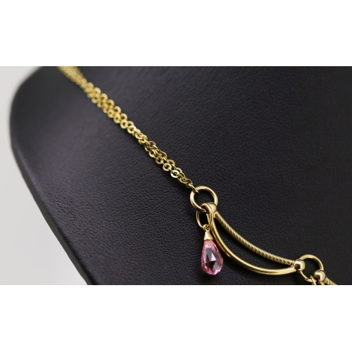 374 - Pink Tourmaline Set Ladies Drape Form Necklace Attractively Detailed Set on 9 Carat Yellow Gold 44cm... 