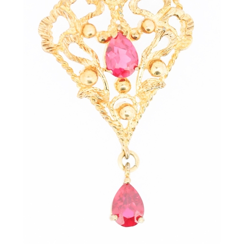 376 - Pear Cut Russian Ruby Twin Stone Set Filigree Form Heart Drop Pendant Set in 9 Carat Yellow Gold 4cm... 