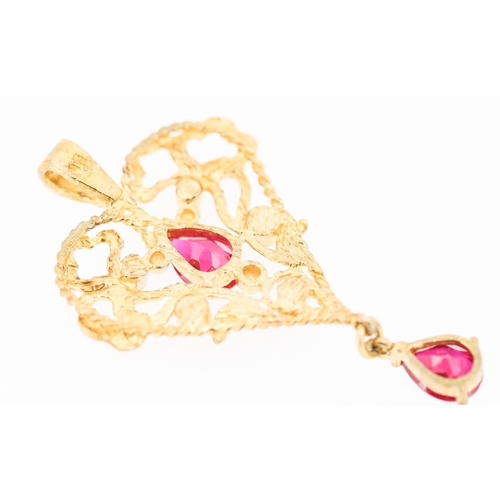 376 - Pear Cut Russian Ruby Twin Stone Set Filigree Form Heart Drop Pendant Set in 9 Carat Yellow Gold 4cm... 