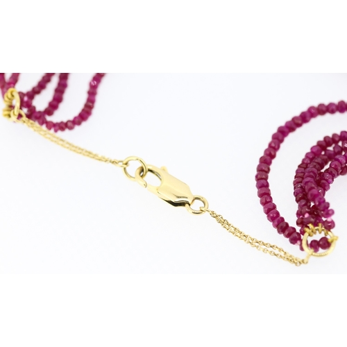 377 - Ruby Five Strand Graduated Form Bead Necklace with 18 Carat Yellow Gold Chain and Clasp Shortest Str... 