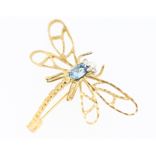 380 - Blue Topaz and Diamond Set Dragonfly Form Brooch Mounted in 9 Carat Yellow Gold 4cm Wide