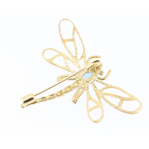 380 - Blue Topaz and Diamond Set Dragonfly Form Brooch Mounted in 9 Carat Yellow Gold 4cm Wide