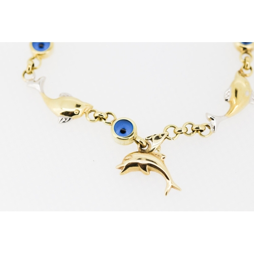 402 - 14 Carat Yellow Gold Dolphin Motif Evil Eye Set Bracelet 20cm Long