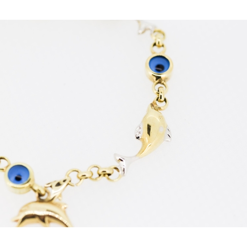 402 - 14 Carat Yellow Gold Dolphin Motif Evil Eye Set Bracelet 20cm Long