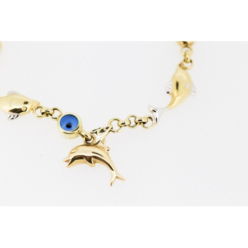 402 - 14 Carat Yellow Gold Dolphin Motif Evil Eye Set Bracelet 20cm Long