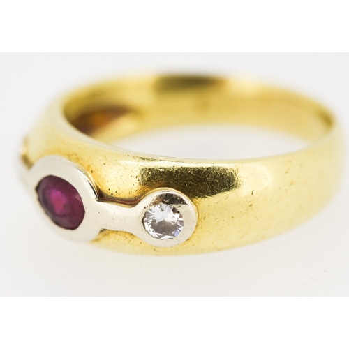 404 - Ruby and Diamond Bezel Set Three Stone Ring Set in Platinum Mounted on 18 Carat Yellow Gold Ring Siz... 