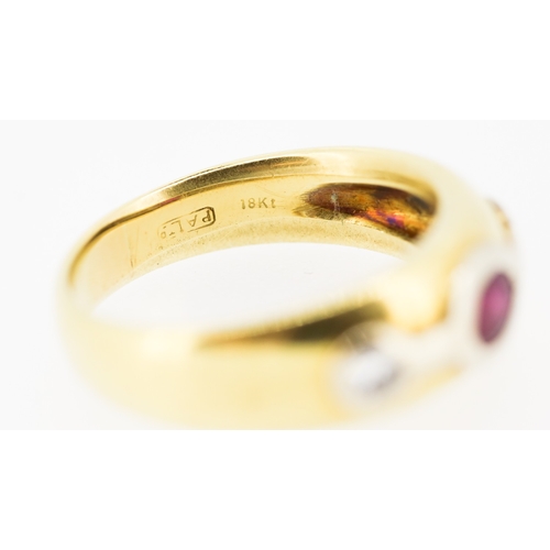 404 - Ruby and Diamond Bezel Set Three Stone Ring Set in Platinum Mounted on 18 Carat Yellow Gold Ring Siz... 