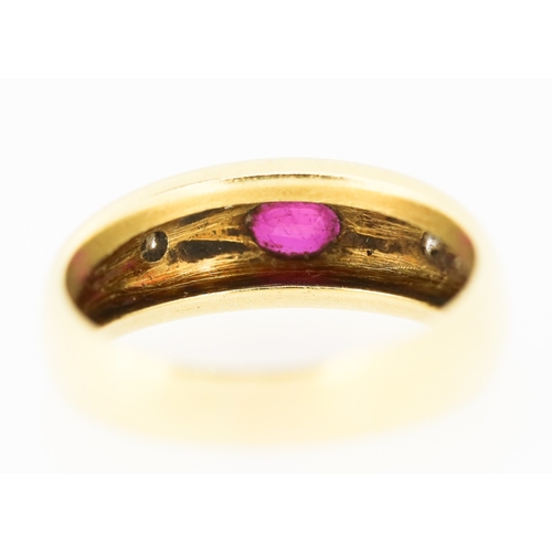 404 - Ruby and Diamond Bezel Set Three Stone Ring Set in Platinum Mounted on 18 Carat Yellow Gold Ring Siz... 