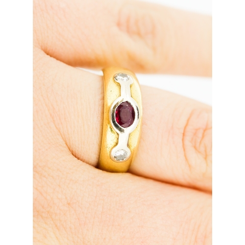 404 - Ruby and Diamond Bezel Set Three Stone Ring Set in Platinum Mounted on 18 Carat Yellow Gold Ring Siz... 