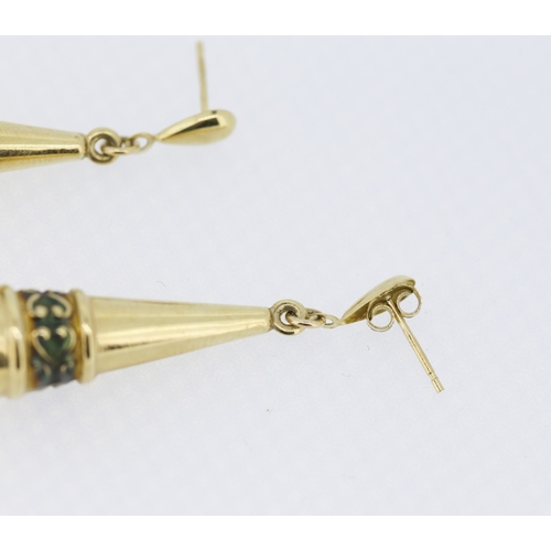 405 - Pair of 9 Carat Yellow Gold Torpedo Drop Form Earrings Each 4cm Drop