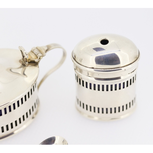 412 - Three Piece Silver Salt Pepper and Condiment Set in Original Presentation Case