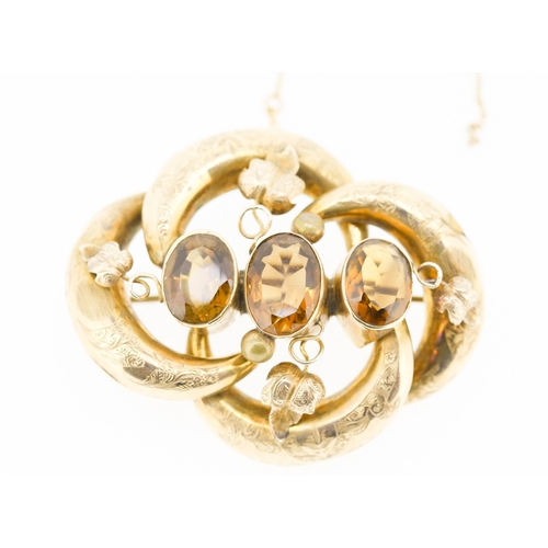 414 - Citrine Three Stone Set Brooch Mounted in 9 Carat Yellow Gold Incised Detailing 5.5cm Wide