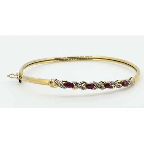 422 - Ruby and Diamond Set Bangle Mounted in 9 Carat Yellow Gold 6.5cm Inner Width Note Some Repair Needed