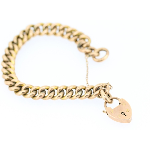 43 - 9 Carat Rose Gold Curb Link Bracelet with Heart Padlock Clasp and Safety Chain 17cm Long