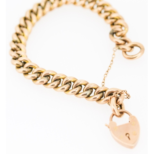 43 - 9 Carat Rose Gold Curb Link Bracelet with Heart Padlock Clasp and Safety Chain 17cm Long