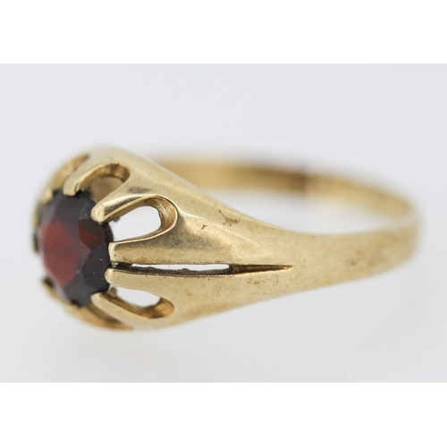 440 - Red Garnet Belcher Set Single Stone Ring Mounted in 9 Carat Yellow Gold Ring Size N