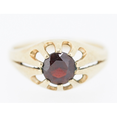 440 - Red Garnet Belcher Set Single Stone Ring Mounted in 9 Carat Yellow Gold Ring Size N