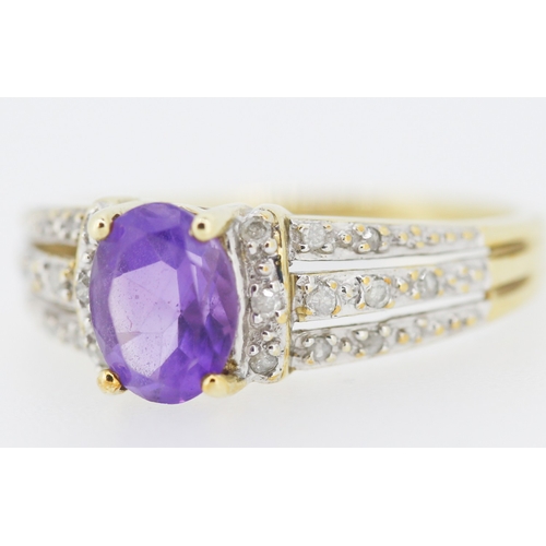 452 - Amethyst Set Ring with Diamonds Set to Shoulders and Band Mounted in 9 Carat Yellow Gold Ring Size R