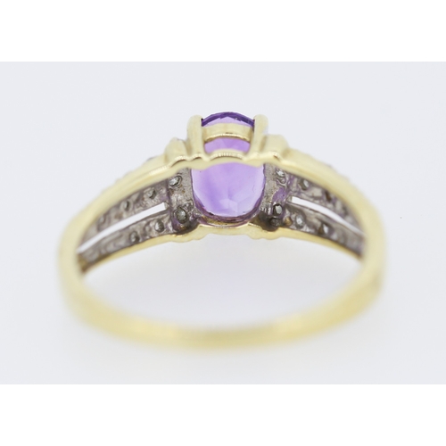 452 - Amethyst Set Ring with Diamonds Set to Shoulders and Band Mounted in 9 Carat Yellow Gold Ring Size R